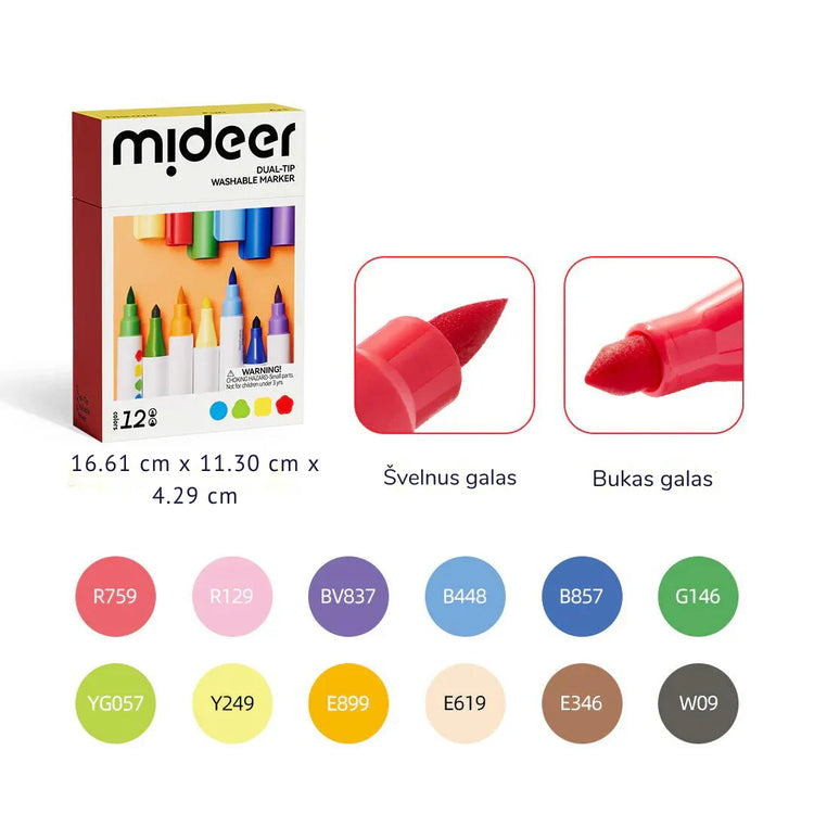 Mideer - Dvipusiai nuplaunami markeriai flomasteriai - 12 spalvų
