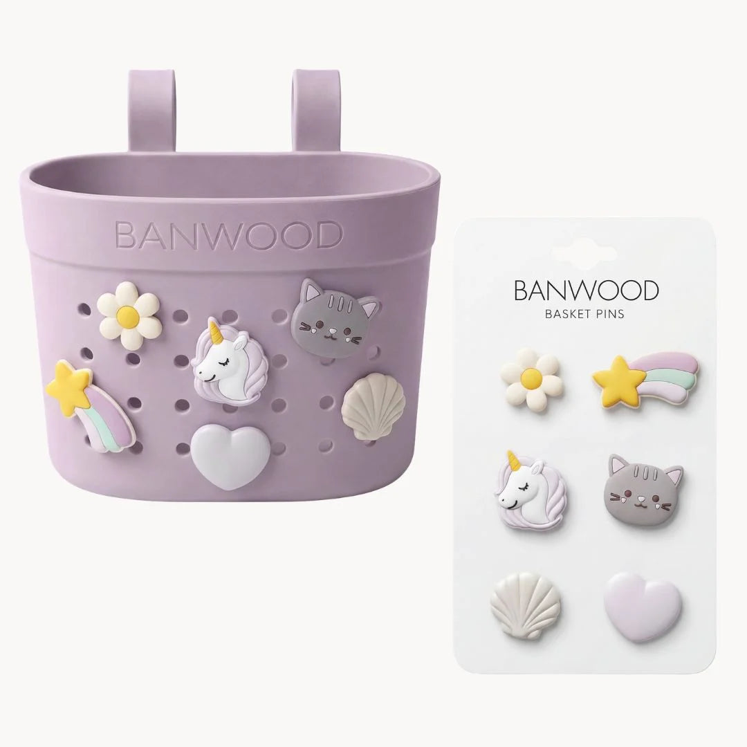 Banwood koszyk do hulajnogi lub roweru + przypinki – Lavender Magic