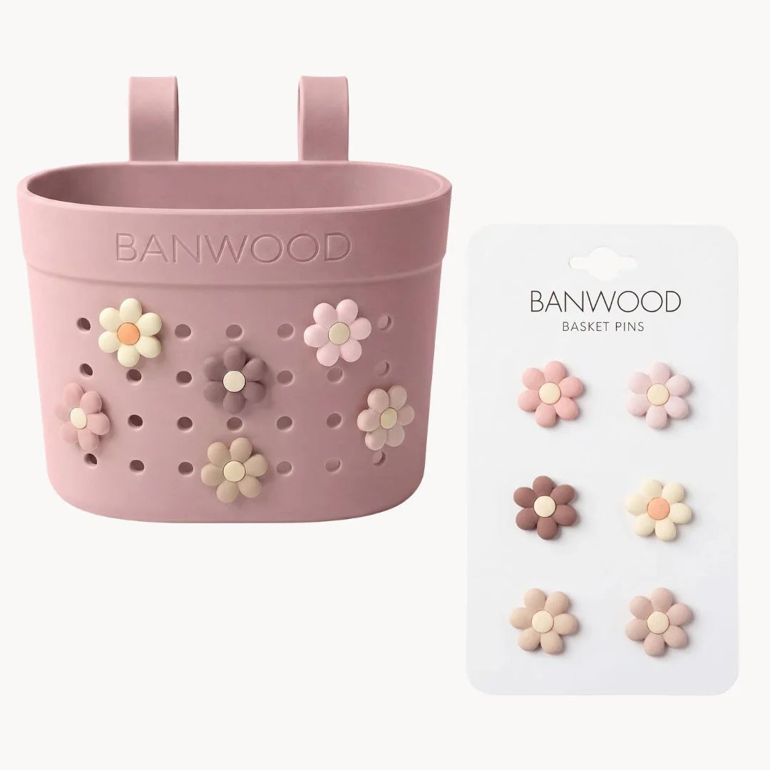 Banwood koszyk do hulajnogi lub roweru + przypinki – Dusty rose Flowers
