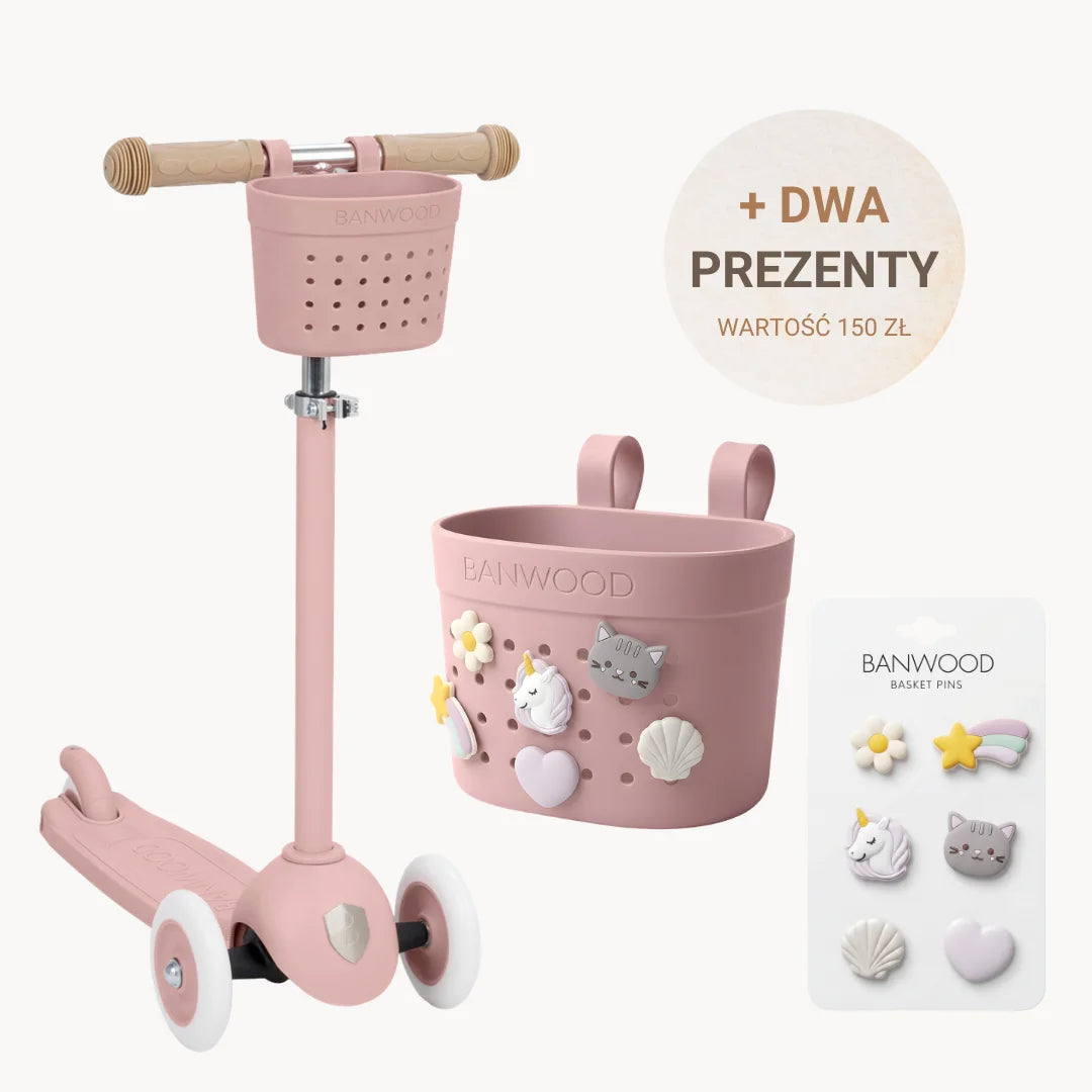 Banwood hulajnoga ECO dla dzieci 3–6 lat – Dusty Rose + DWA PREZENTY: koszyk i przypinki