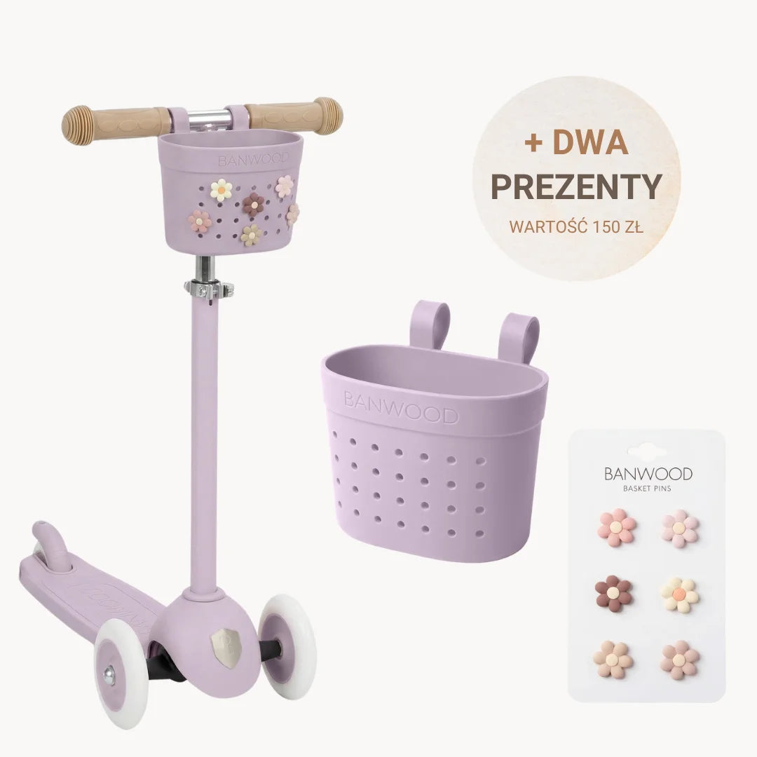 Banwood hulajnoga ECO dla dzieci 3–6 lat – Lavender + DWA PREZENTY: koszyk i przypinki
