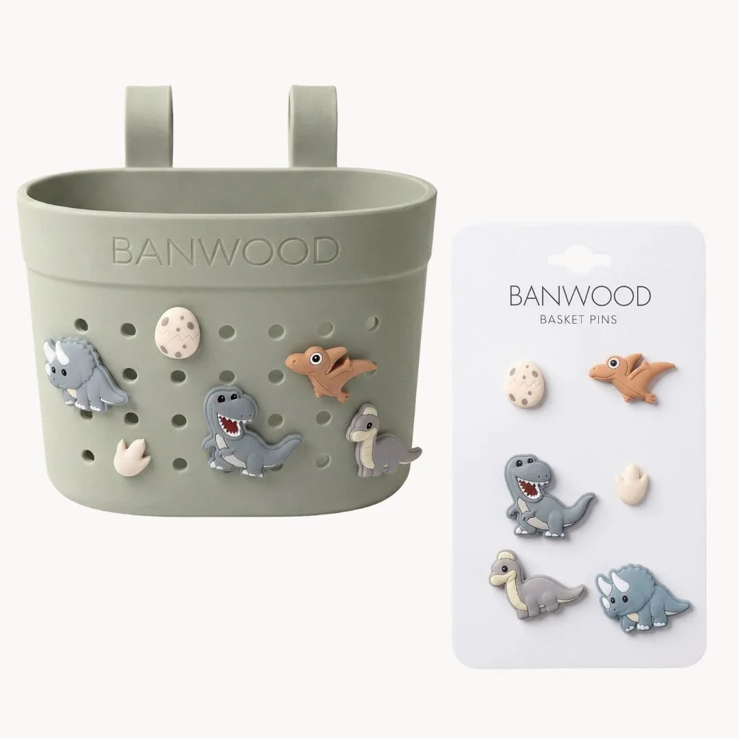 Banwood koszyk do hulajnogi lub roweru + przypinki – Olive Dinosaurs
