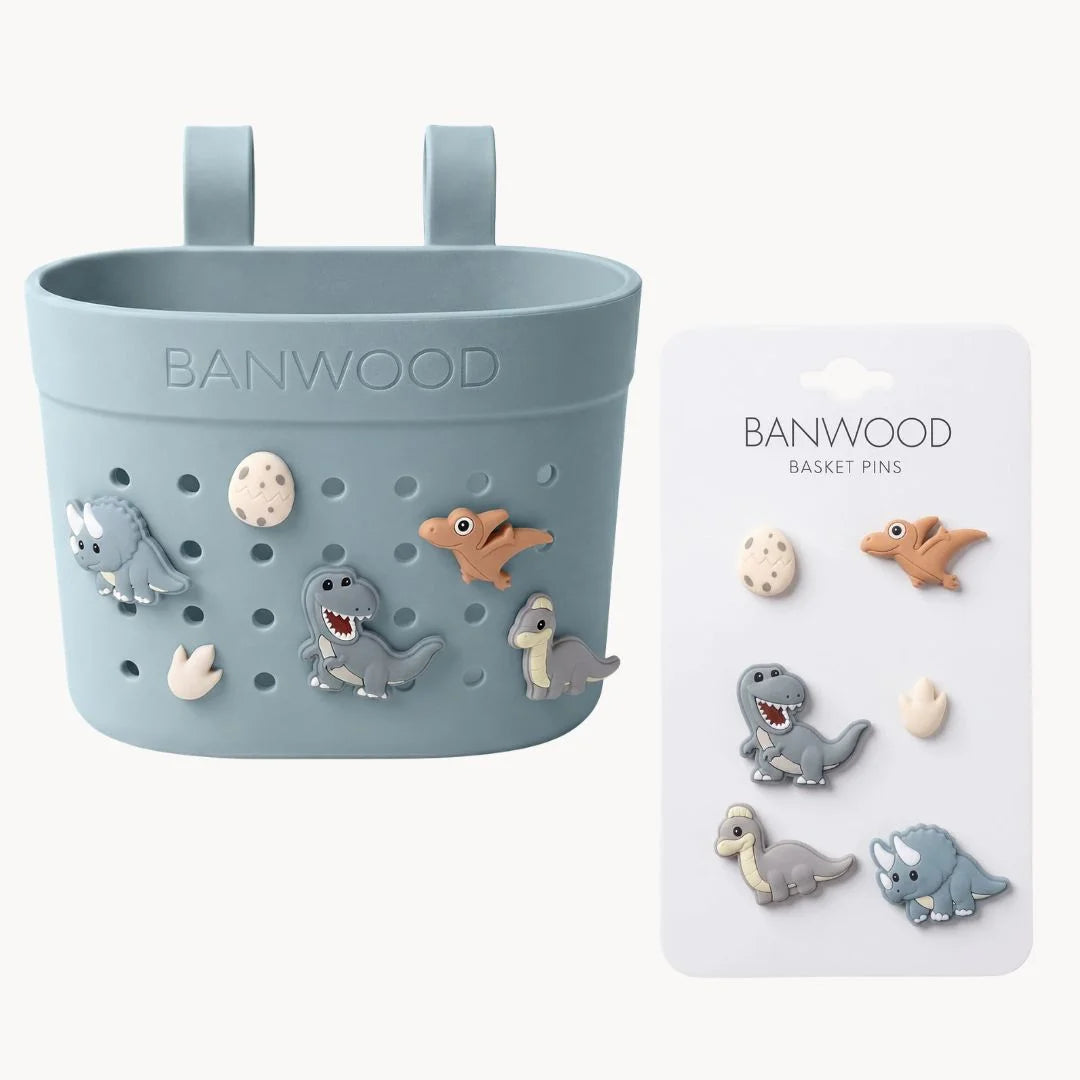 Banwood koszyk do hulajnogi lub roweru + przypinki – Teal Dinosaurs