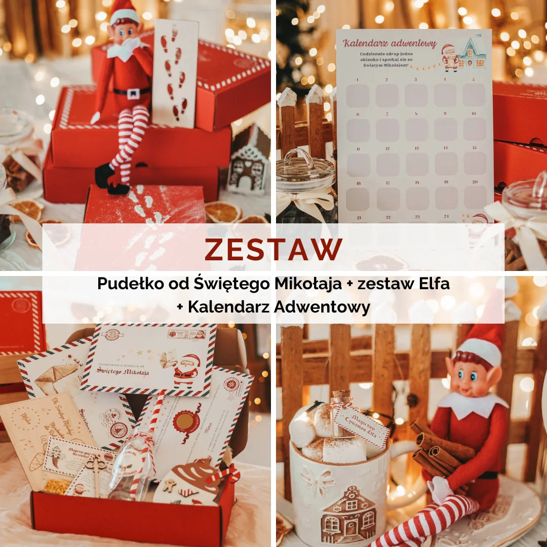 ZESTAW: Pudełko od Świętego Mikołaja + zestaw Elfa Psotnika + Kalendarz Adwentowy